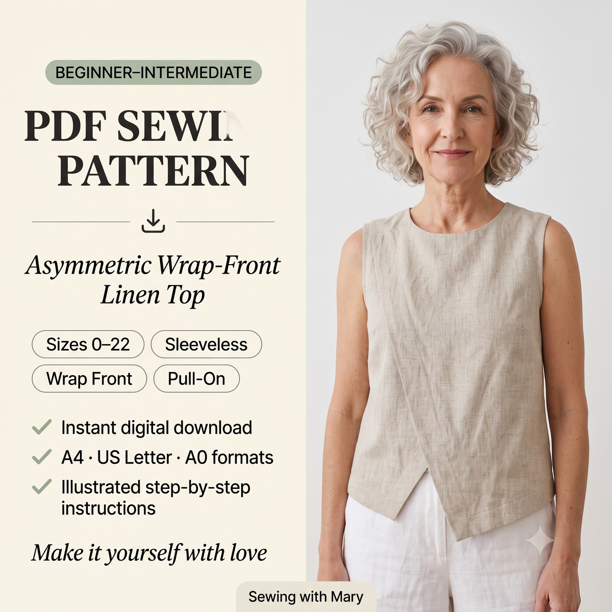 Linen Top Sewing Pattern PDF | Asymmetric Wrap Front Sleeveless Blouse Pattern, Minimalist Summer Top for Women, Sizes 0-22, Instant Download