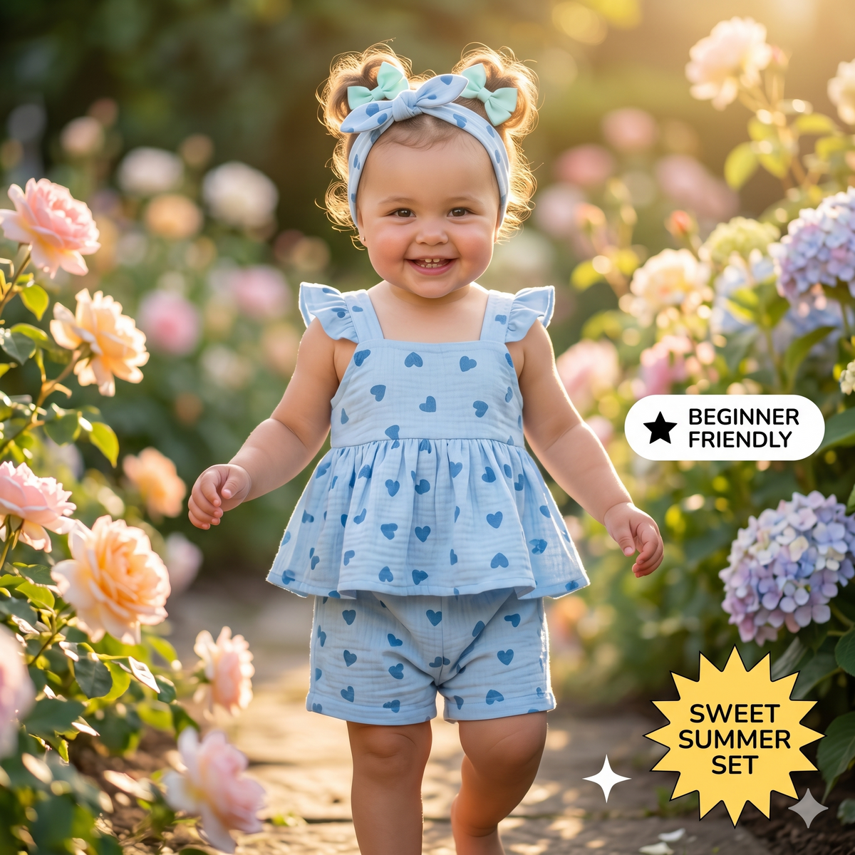 Baby Girl Romper Sewing Pattern PDF | Ruffle Peplum Top & Shorts Set, Heart Summer Outfit, Bow Headband, Sizes 0-3Y, Instant Download