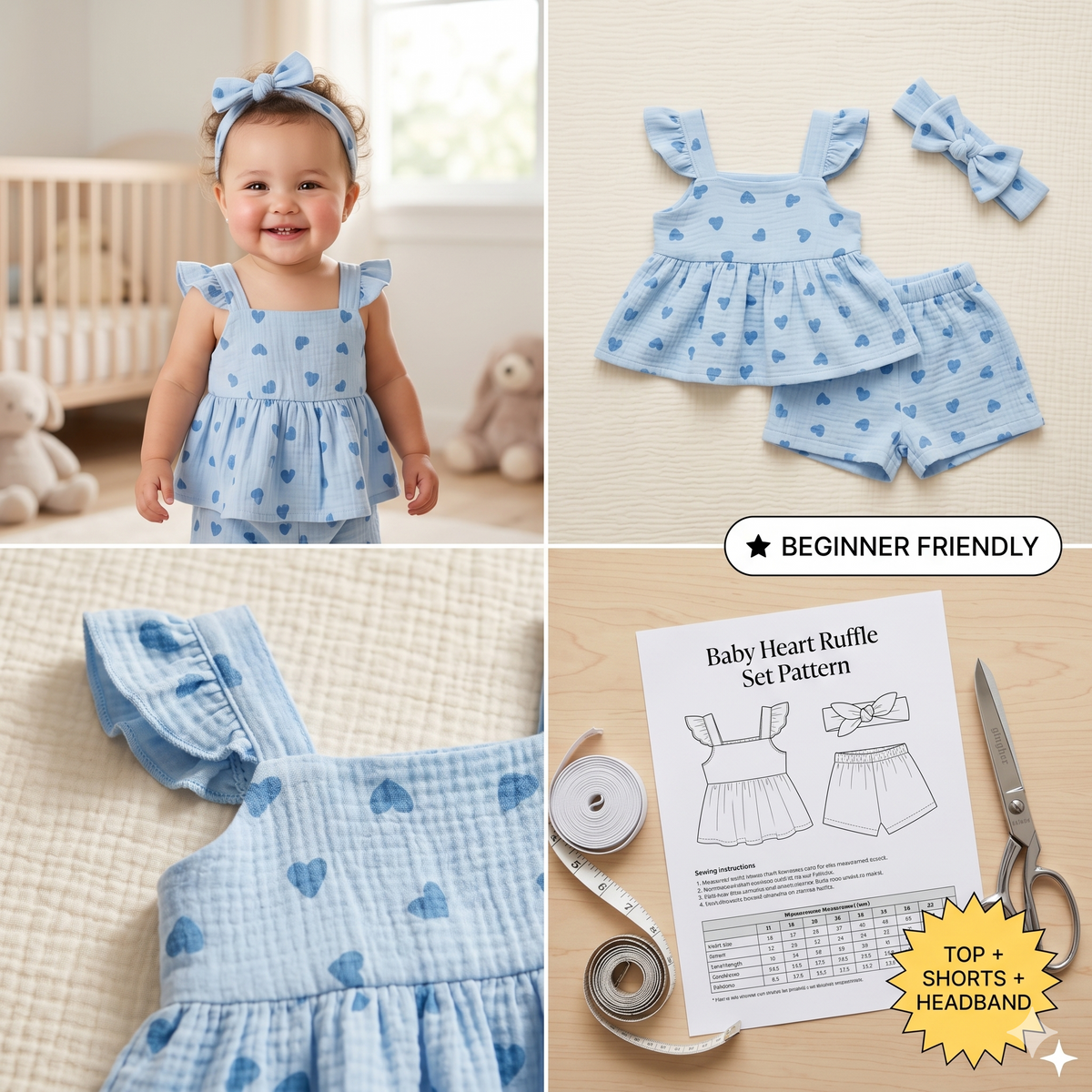 Baby Girl Romper Sewing Pattern PDF | Ruffle Peplum Top & Shorts Set, Heart Summer Outfit, Bow Headband, Sizes 0-3Y, Instant Download