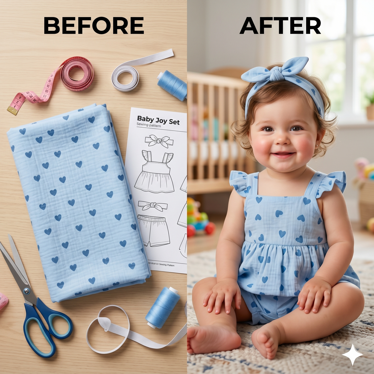 Baby Girl Romper Sewing Pattern PDF | Ruffle Peplum Top & Shorts Set, Heart Summer Outfit, Bow Headband, Sizes 0-3Y, Instant Download