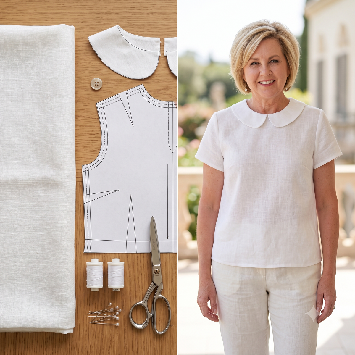 Peter Pan Collar Blouse Sewing Pattern PDF, Linen Short Sleeve Top, Lined Collar, Back Keyhole, Made to Measure, Bilingual FR/EN, Sizes 34β56