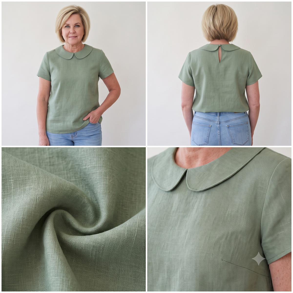 Peter Pan Collar Blouse Sewing Pattern PDF, Linen Short Sleeve Top, Lined Collar, Back Keyhole, Made to Measure, Bilingual FR/EN, Sizes 34β56