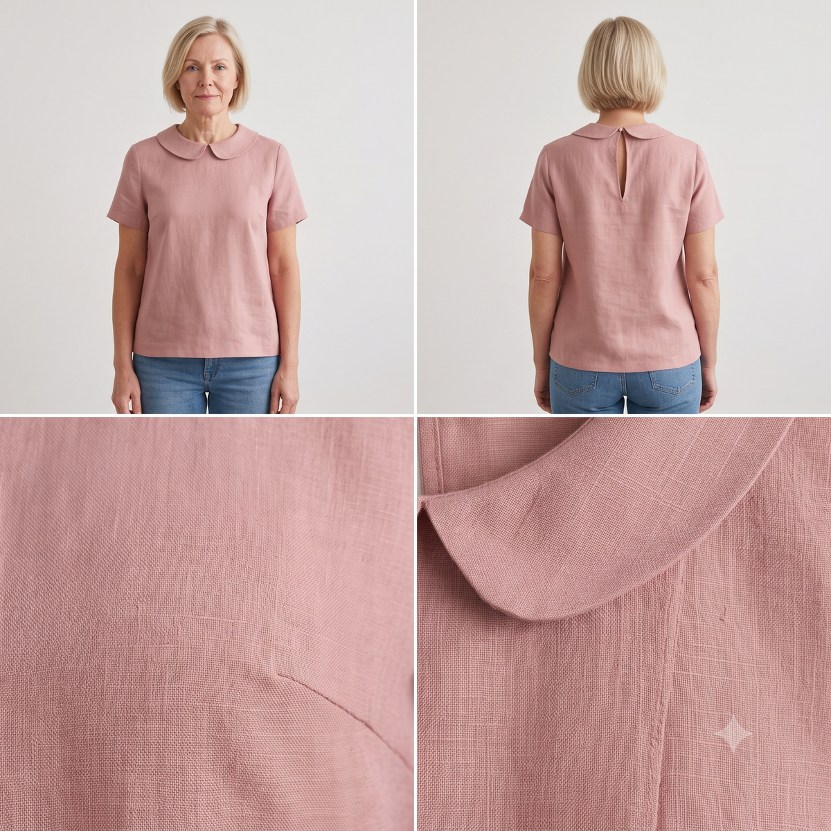 Peter Pan Collar Blouse Sewing Pattern PDF, Linen Short Sleeve Top, Lined Collar, Back Keyhole, Made to Measure, Bilingual FR/EN, Sizes 34β56