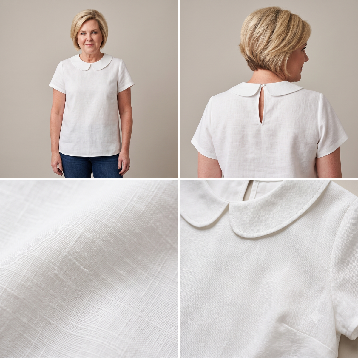 Peter Pan Collar Blouse Sewing Pattern PDF, Linen Short Sleeve Top, Lined Collar, Back Keyhole, Made to Measure, Bilingual FR/EN, Sizes 34β56