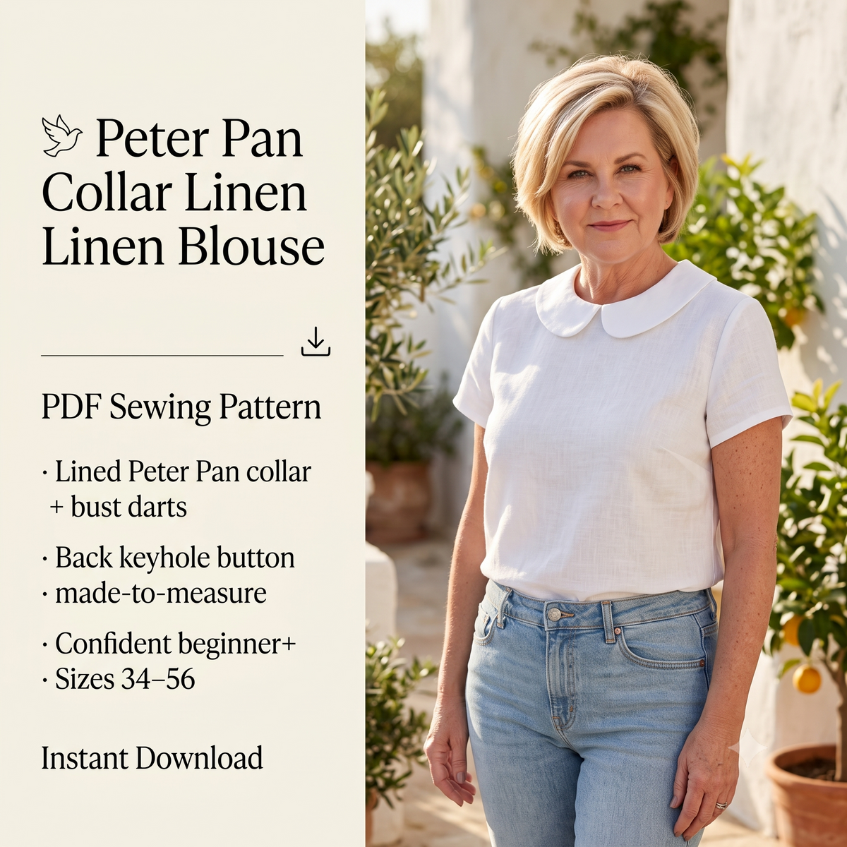 Peter Pan Collar Blouse Sewing Pattern PDF, Linen Short Sleeve Top, Lined Collar, Back Keyhole, Made to Measure, Bilingual FR/EN, Sizes 34β56