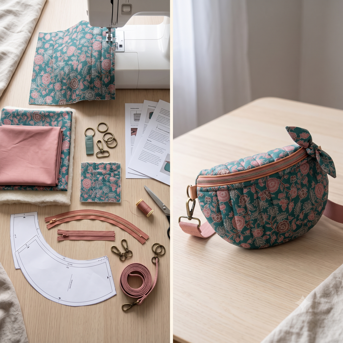 Quilted Belt Bag PDF Sewing Pattern | Crescent Bum Bag, Floral Block-Print | Adjustable Crossbody Strap, Zip Pocket | Beginner Friendly