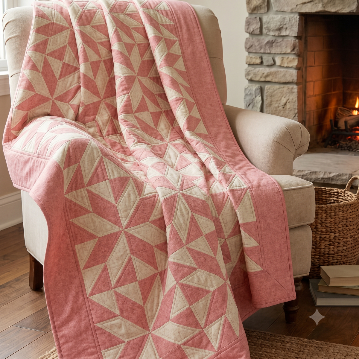Blush Blossom Quilt Pattern PDF, Pink Cream Patchwork Quilt, Romantic HST Quilt Pattern, Digital Download