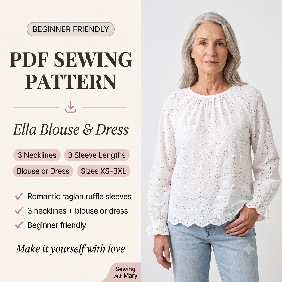 Blouse Dress Sewing Pattern PDF | Ella Boho Raglan Sleeve Top & Dress Pattern for Women, 3 Necklines, Beginner, Sizes XS-3XL, Instant Download