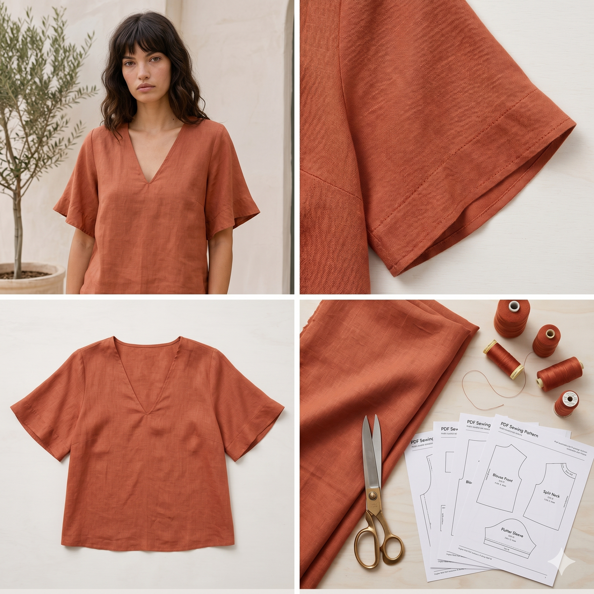 Linen Flared Sleeve Blouse Sewing PatternVintage V-Neck Top (XS-4XL) (PDF Pattern,Dijital Download)