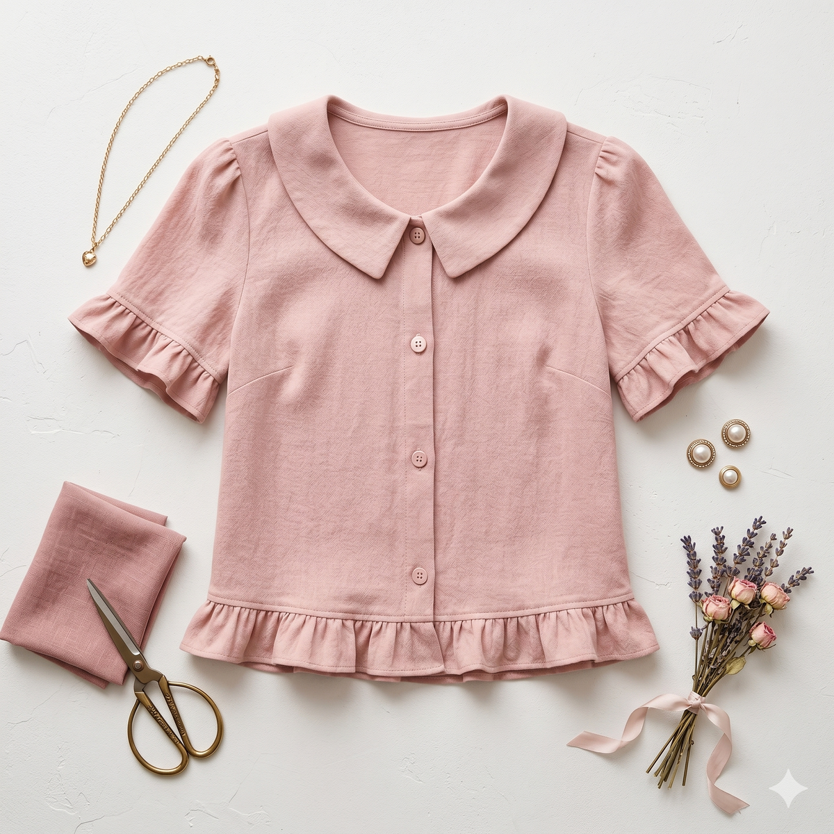 Ruffle Blouse Sewing Pattern PDF | Peter Pan Collar Top Pattern, Short Sleeve Button Up Shirt for Women, Sizes S-3XL, Instant Download