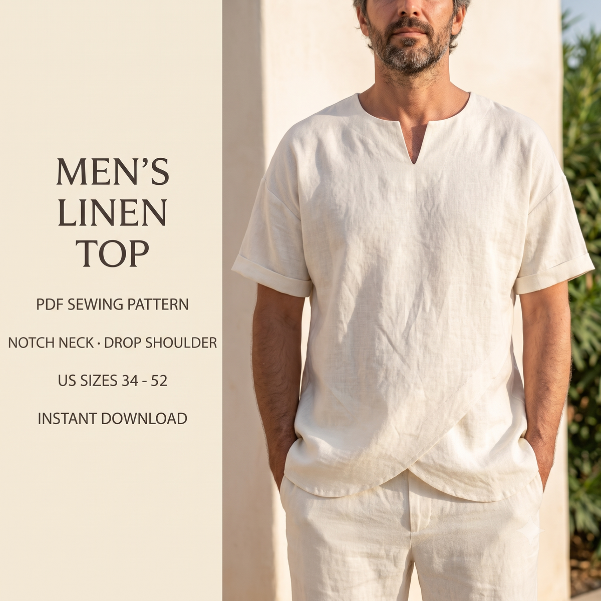 Men's Linen Top Sewing Pattern PDF, Notch Neck Summer Shirt, Drop Shoulder Relaxed Tee, Overlapping Hem, US Sizes 34-52, Instant Download