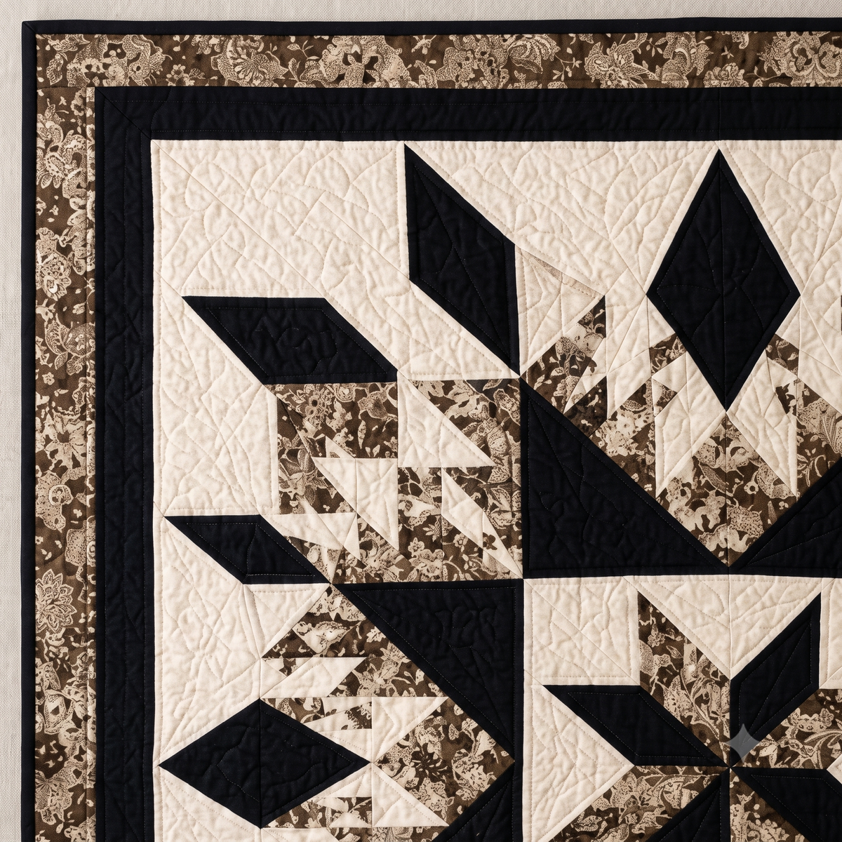 Midnight Starburst Quilt Pattern PDF | Full, Queen & King | Feathered Star Medallion Quilt | Black, Cream & Floral | Instant Download