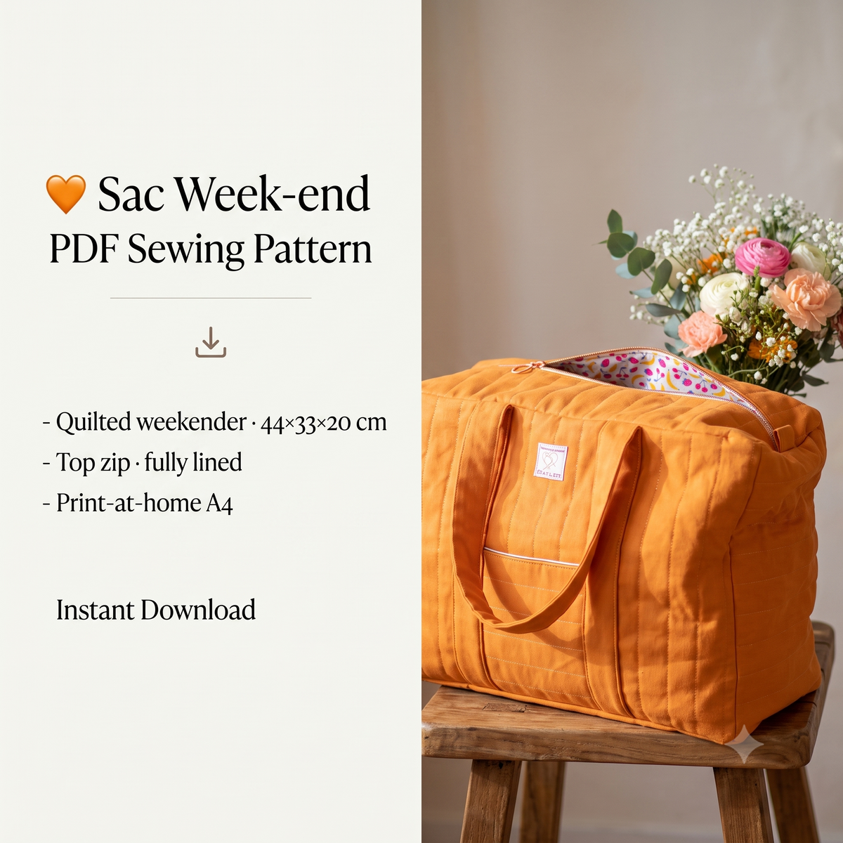 Sac Week-end Sewing Pattern β PDF Quilted Weekender Bag Pattern β Overnight Travel Duffle Bag with Zip β 44Γ33Γ20 cm β A4 Print at Home β Instant Download