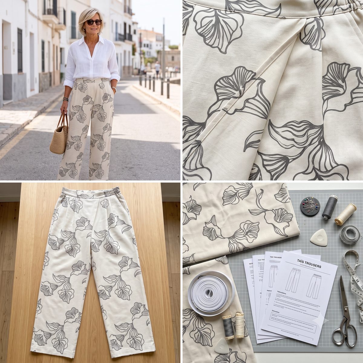 Trousers Sewing Pattern PDF | Taïs Flowy Summer Pants Pattern for Women, Pleated Front Elastic Back Trousers with Pockets, Beginner, XS-3XL