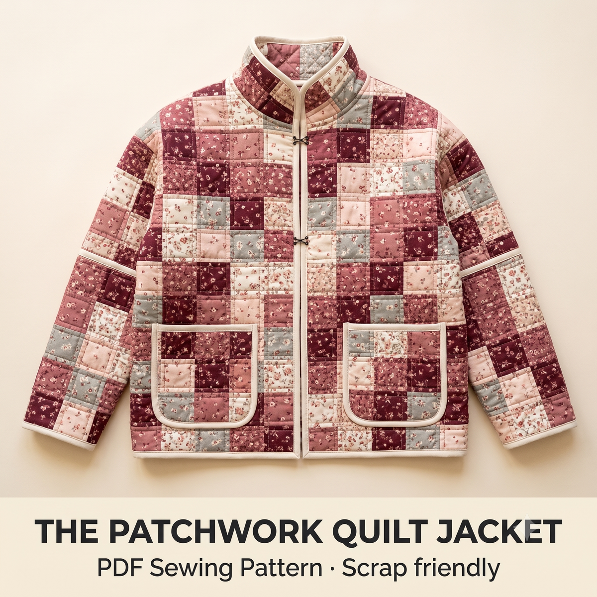 Patchwork Quilt Jacket Sewing Pattern PDF | Scrap Busting Quilt Coat | Stand Collar, Patch Pockets