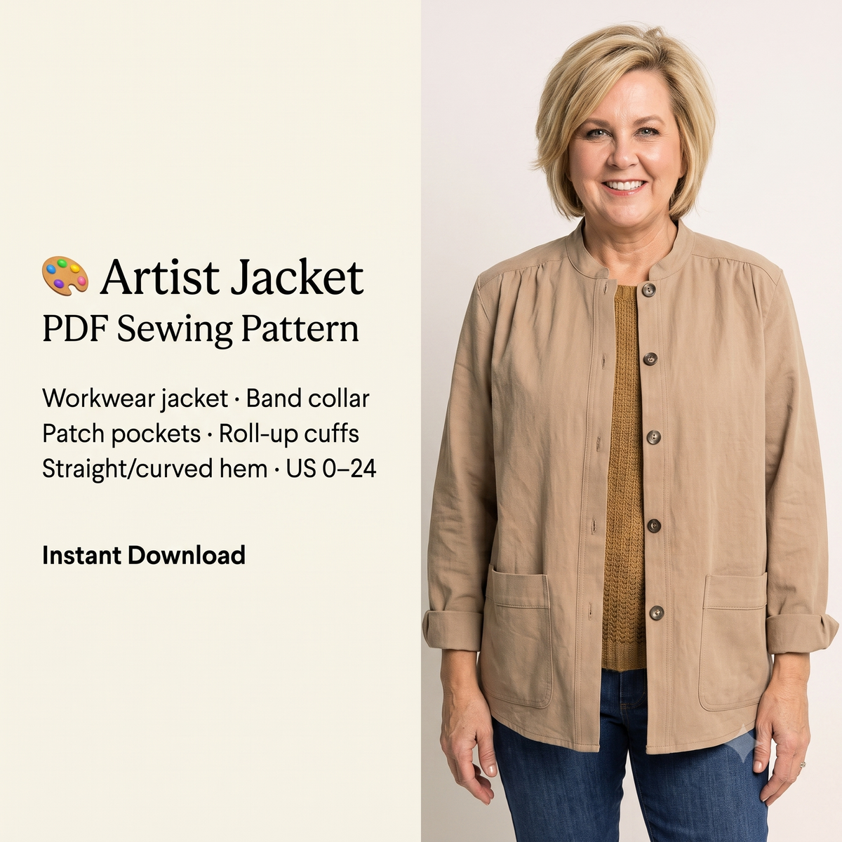 Artist Jacket Sewing Pattern PDF, Workwear Jacket, Dropped Shoulder Chore Coat, Band Collar, Patch Pockets, Two Hems, Sizes US 0–24 / EU 30–54