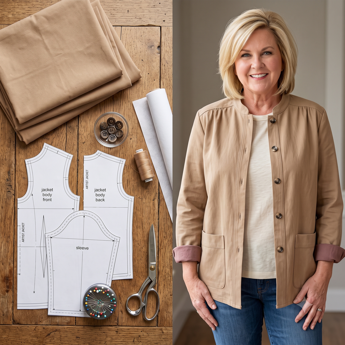 Artist Jacket Sewing Pattern PDF, Workwear Jacket, Dropped Shoulder Chore Coat, Band Collar, Patch Pockets, Two Hems, Sizes US 0–24 / EU 30–54