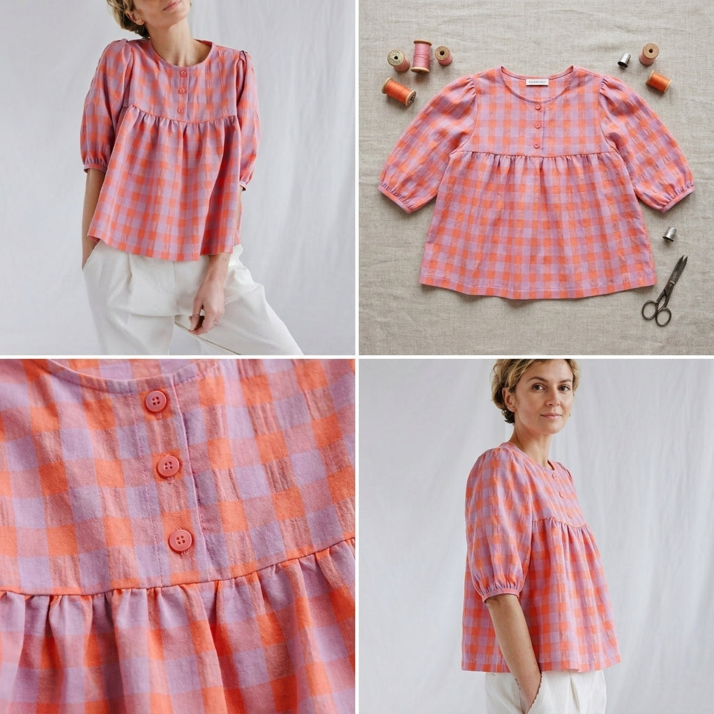 🌸 Gingham Babydoll Blouse Sewing Pattern