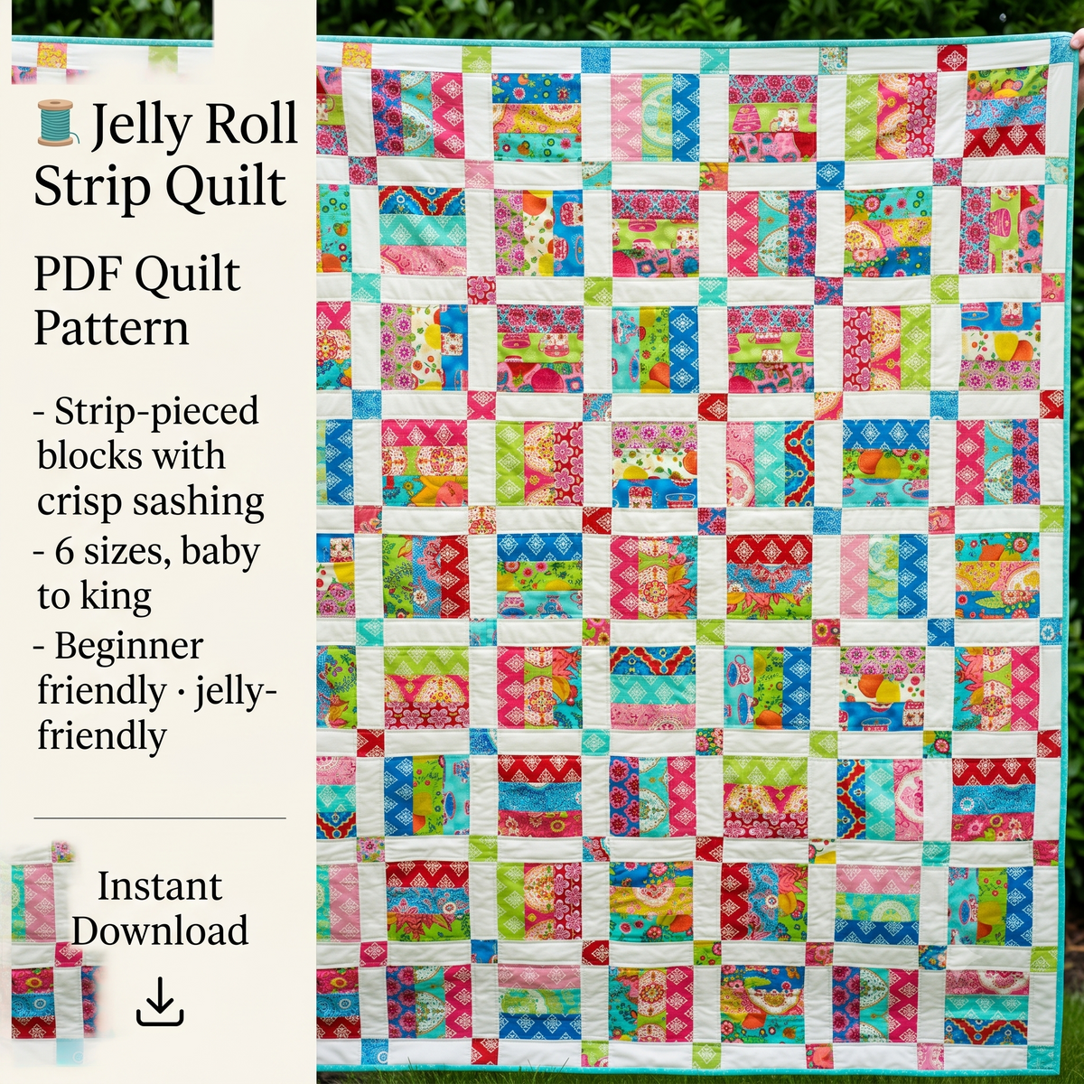 Jelly Roll Quilt Pattern PDF, Easy Strip Quilt Pattern, 6 Sizes Baby to King, Beginner Quilt Pattern Instant Download