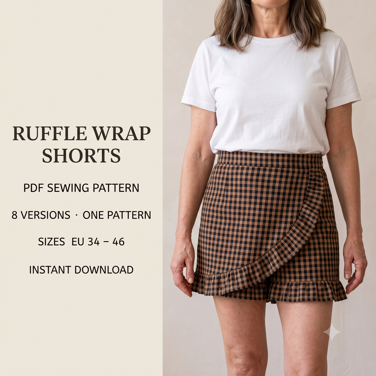 Ruffle Shorts Sewing Pattern PDF, Wrap Front Skort Pattern, 8 Versions in One File, Elastic or Zip Waist, Sizes US 2-14 / EU 34-46, Instant Download