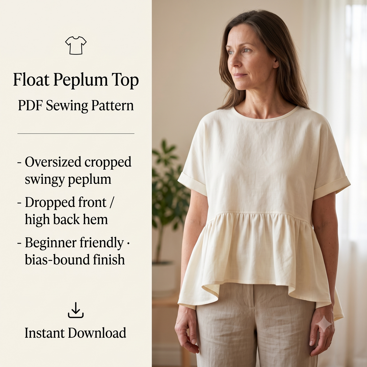 Peplum Top PDF Sewing Pattern, Cropped Swing Top Pattern, Beginner Top Sewing Pattern, Oversized Peplum Blouse Instant Download