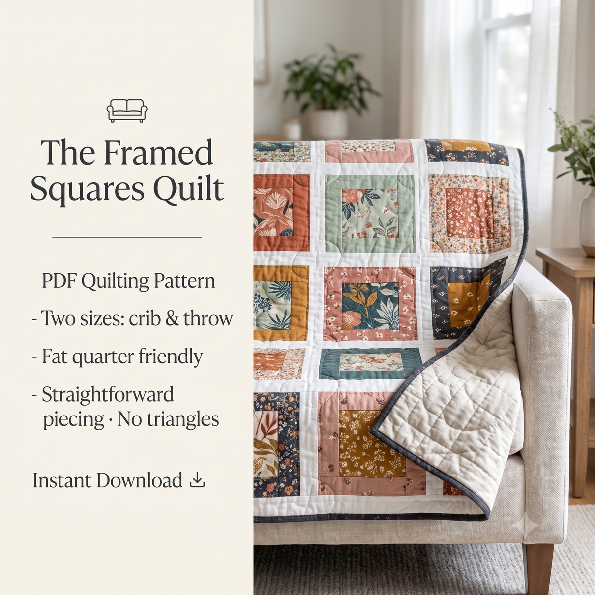 Quilt Pattern PDF | Fat Quarter Friendly Framed Squares Quilt | Crib and Throw Sizes | Easy Modern Quilt | Instant Download