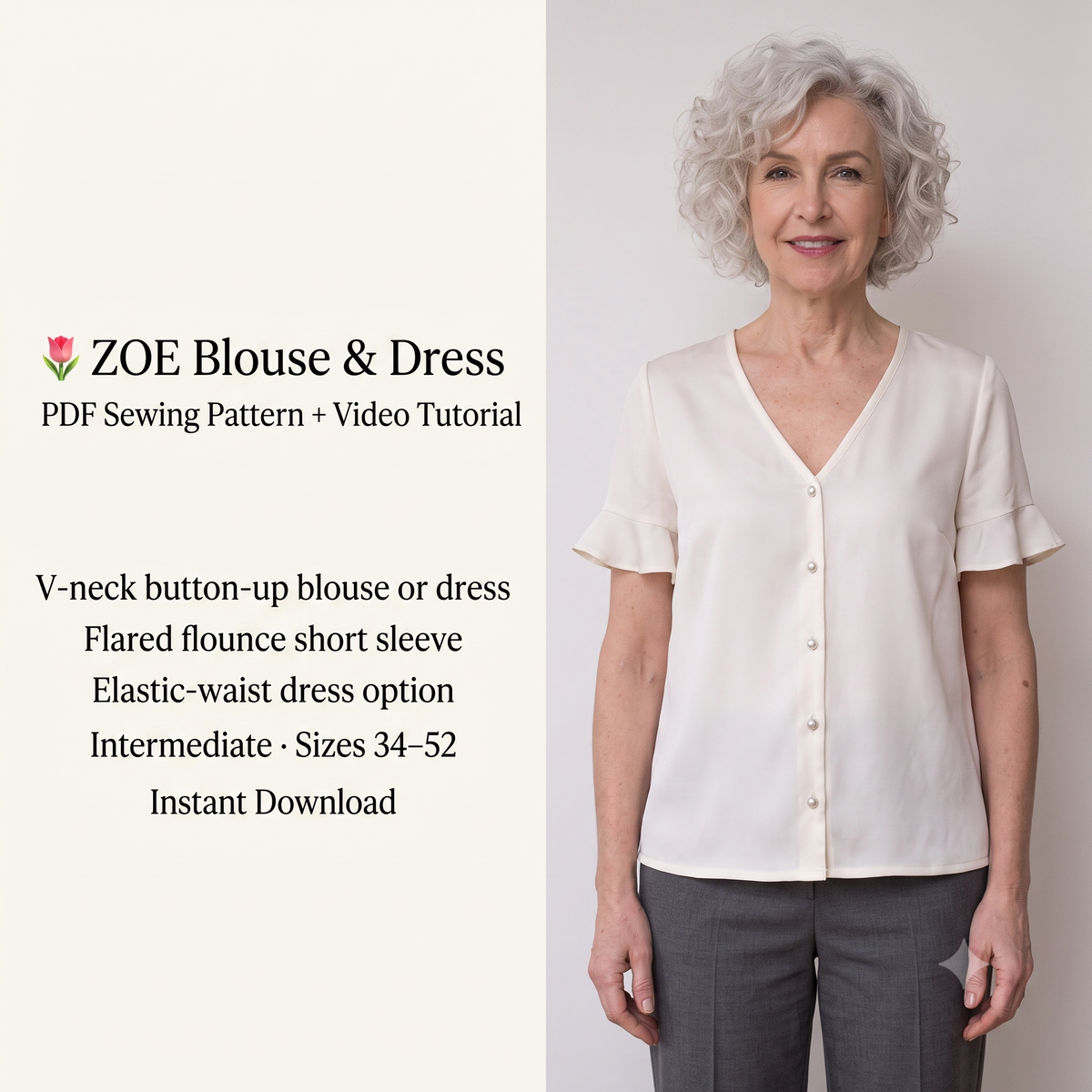 V Neck Blouse & Dress PDF Sewing Pattern, Button Placket, Flared Short Sleeve, Sleeveless Option, Free Video Course, Bilingual, Sizes 34–52