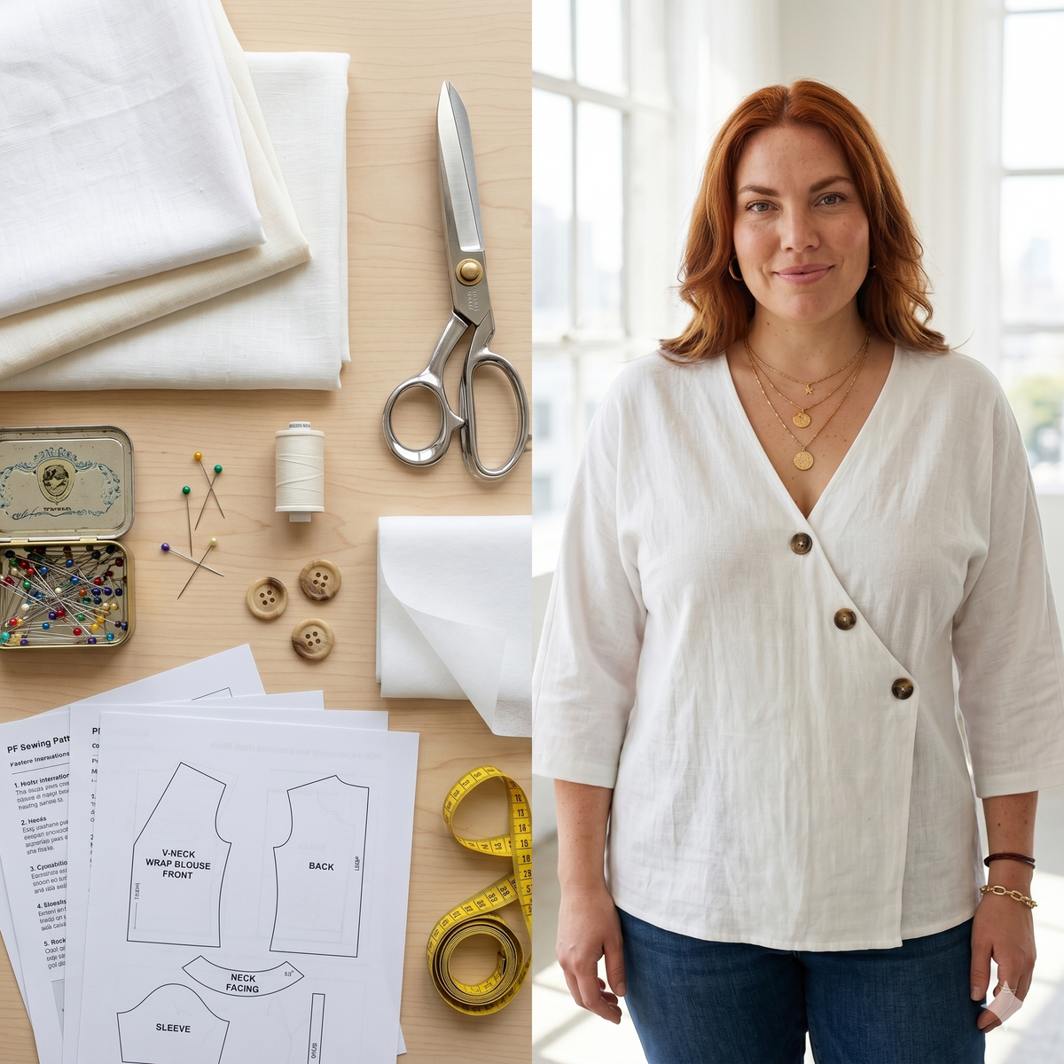 Wrap V-Neck Blouse Sewing Pattern PDF | Linen Cotton Top Pattern, Diagonal Button Crossover Shirt, 3/4 Sleeve, Sizes S-3XL, Instant Download