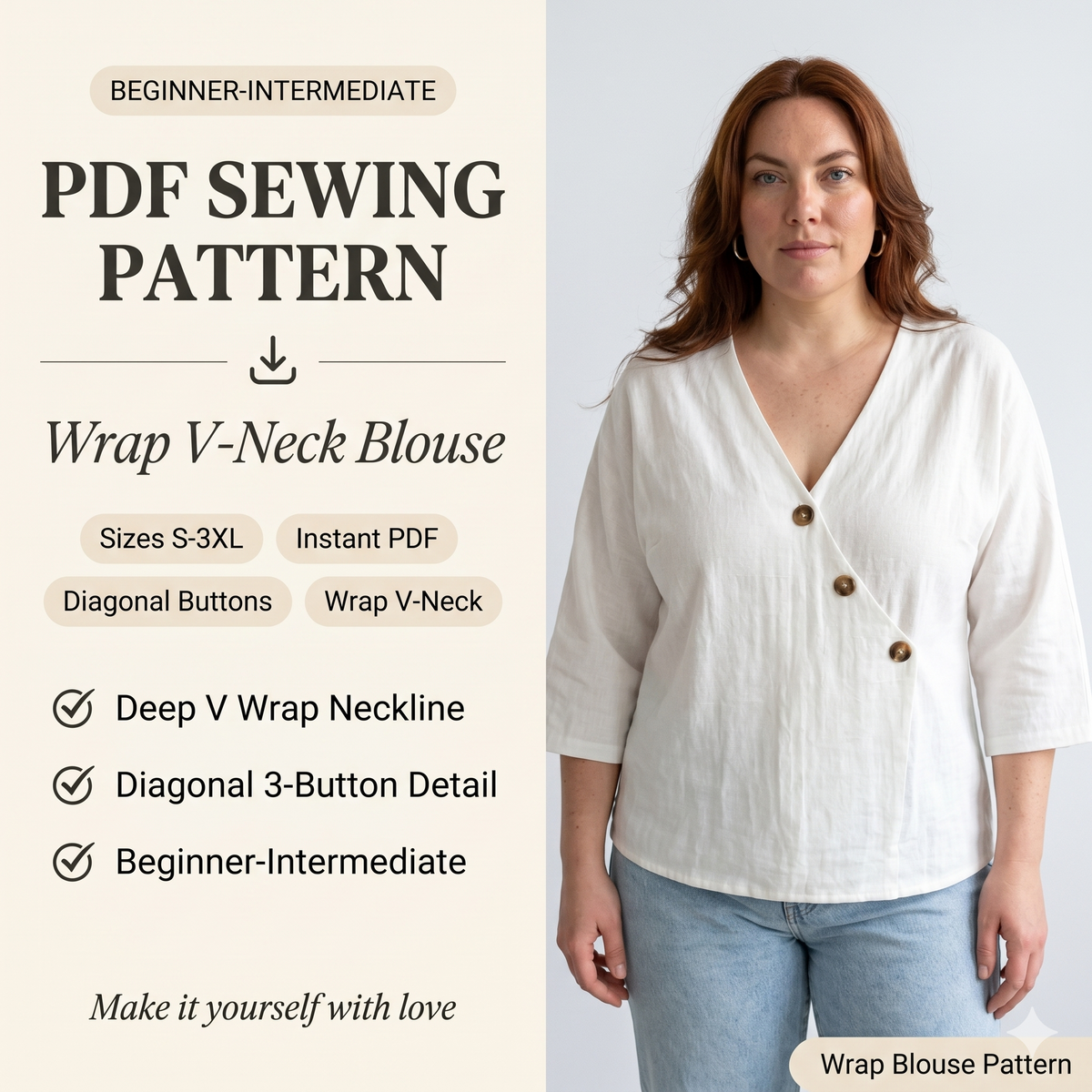 Wrap V-Neck Blouse Sewing Pattern PDF | Linen Cotton Top Pattern, Diagonal Button Crossover Shirt, 3/4 Sleeve, Sizes S-3XL, Instant Download